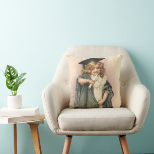 Vintage Graduation, Girl Wearing a Cap and Gown Throw Pillow