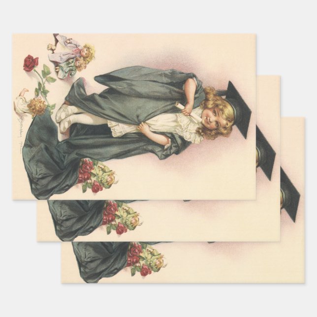 Vintage Graduation, Girl Wearing a Cap and Gown Wrapping Paper Sheets (Set)