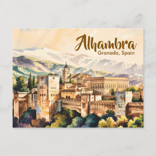 Vintage Granada Spain Alhambra Watercolor Travel Postcard