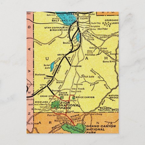 Vintage Grand Canyon - Zion Map Postcard
