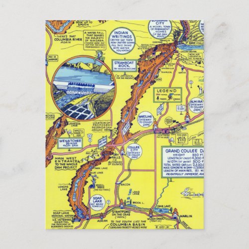 Vintage Grand Coulee Dam Hysterical Map Travel Postcard