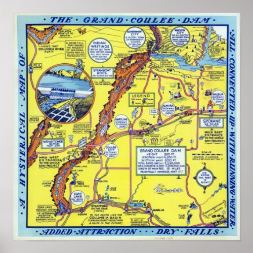 Vintage Grand Coulee Dam Hysterical Map Travel Poster