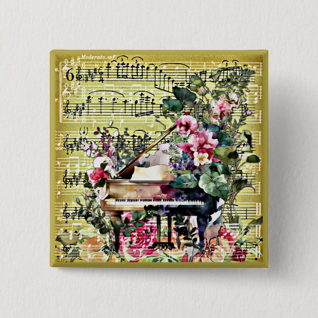 Vintage Grand Piano and Floral Design Button (Front)