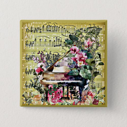 Vintage Grand Piano and Floral Design Button