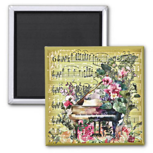 Vintage Grand Piano and Floral Design Magnet