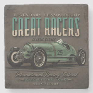 Vintage Grand Prix Racing Classic Race Car Garage Stone Coaster