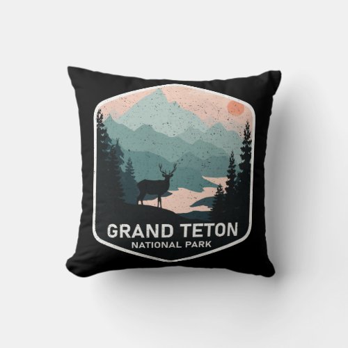 Vintage Grand Teton National Park Deer Mountains Throw Pillow