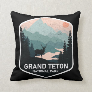 Vintage Grand Teton National Park Deer Mountains Throw Pillow