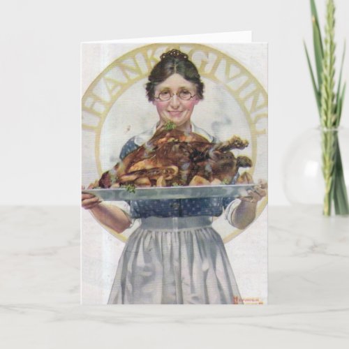 Vintage Grandma Serving Turkey Thanksgiving Holiday Card