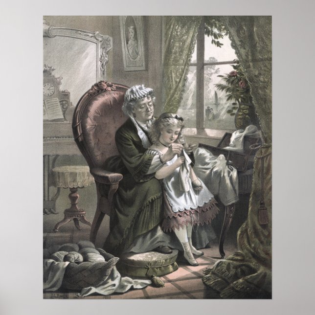 Vintage Grandma Teaching Kitting to Granddaughter Poster (Front)