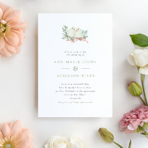 Vintage Grandmillenial Love Birds & Bow Wedding Invitation