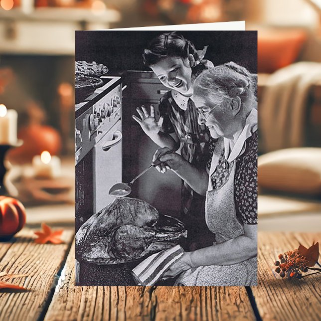 Vintage Grandmother Granddaughter Basting Turkey Holiday Card (Creator Uploaded)
