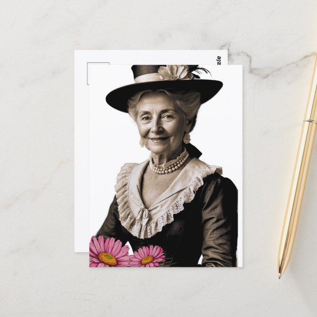 Vintage Grandmother With Pink Flowers Postcard (Front/Back In Situ)