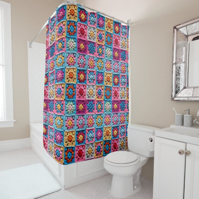 Vintage Granny Square Crochet Shower Curtain (In Situ)