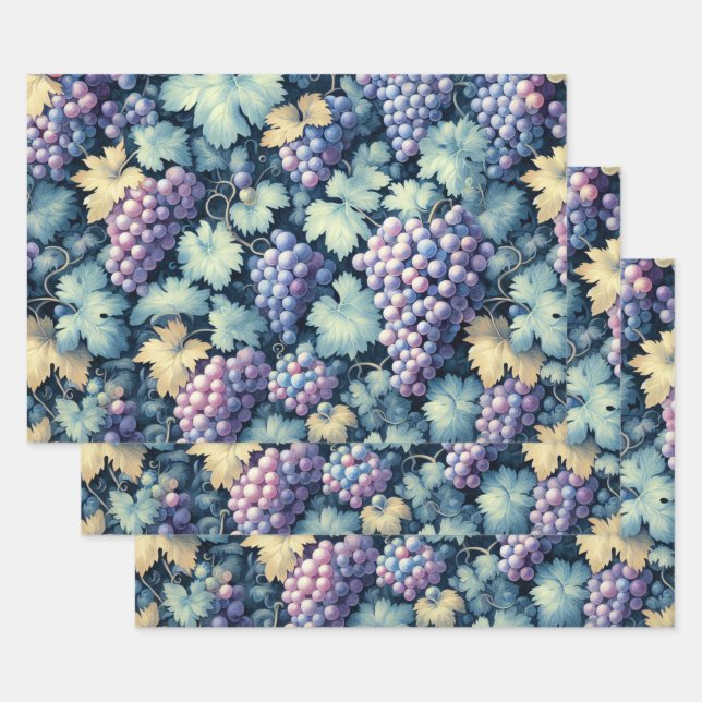 Vintage Grape Pattern Wrapping Paper Sheets (Set)
