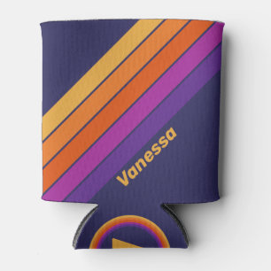 Vintage Grape Rainbow Stripes with Name Can Cooler