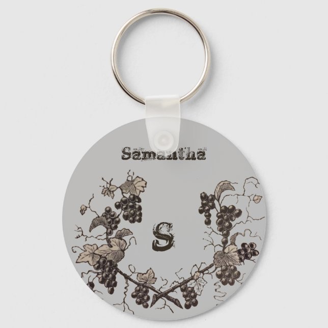 Vintage Grape Vine Sketch Botanical Frame Monogram Keychain (Front)