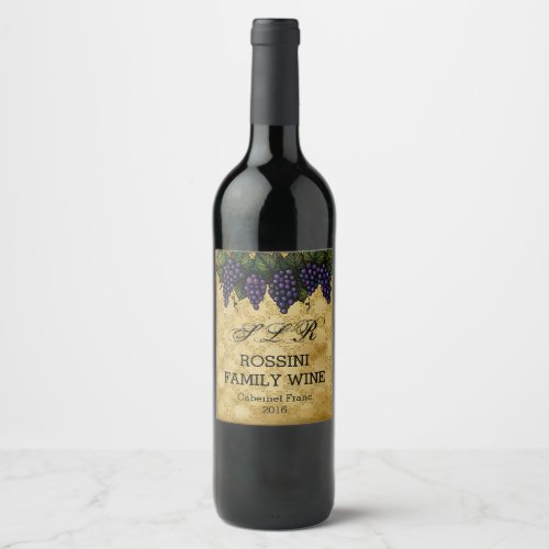 Vintage Grapes Custom Family Wine Bottle Label