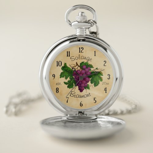 Vintage Grapes French Wine Vineyard Parchment Name Pocket Watch