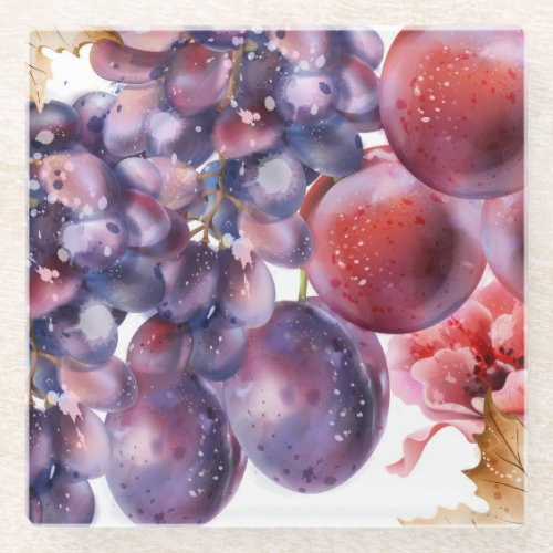 Vintage Grapes Watercolor Autumn Card Glass Coaster