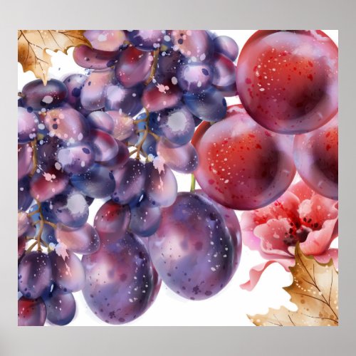 Vintage Grapes Watercolor Autumn Card Poster