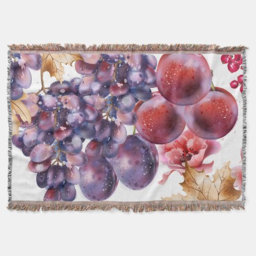 Vintage Grapes Watercolor Autumn Card Throw Blanket