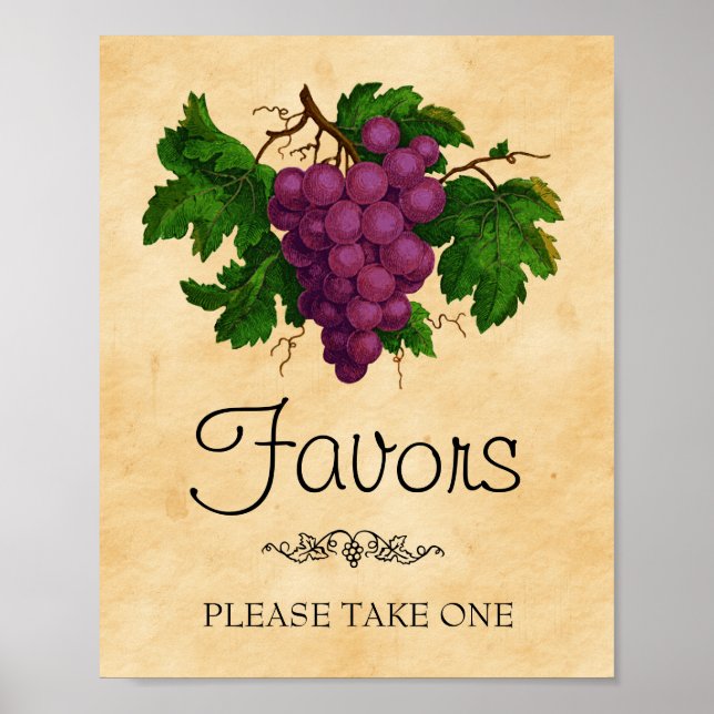 Vintage Grapes Wedding Bridal Shower Favors Sign (Front)