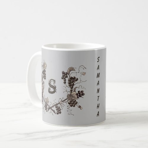 Vintage Grapevine Etching Black and White Monogram Coffee Mug