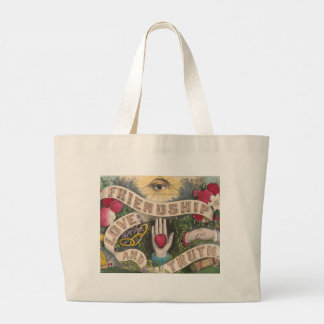 vintage graphic design heart and hand large tote bag