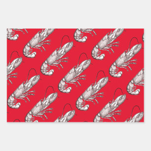 Vintage graphic lobster in red wrapping paper sheets