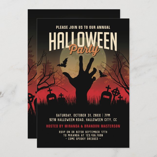 Vintage Graveyard and Moon Halloween Party Invitation (Front/Back)