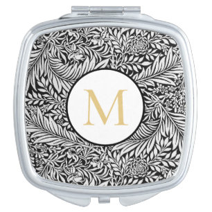 Vintage Gray and Gold Floral Botanical Monogram Compact Mirror