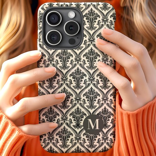 Vintage Gray and Ivory Damask Pattern Monogram iPhone 15 Case