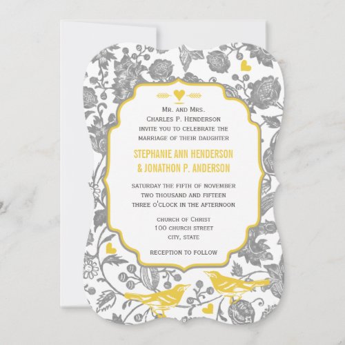 Vintage Gray and Yellow Floral Love Bird Wedding Invitation