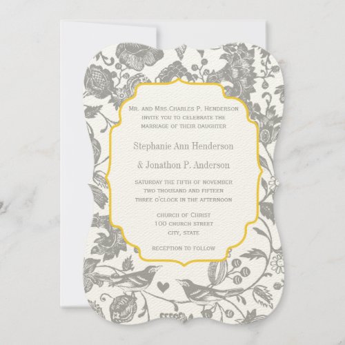 Vintage Gray and Yellow Floral Love Bird Wedding Invitation