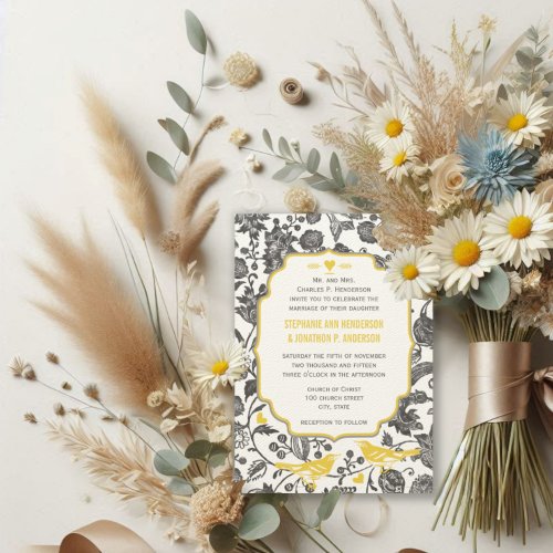 Vintage Gray and Yellow Floral Love Bird Wedding Invitation