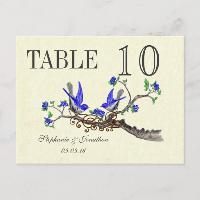 Vintage Gray Bird Royal Blue Blossoms Table Number (Front)