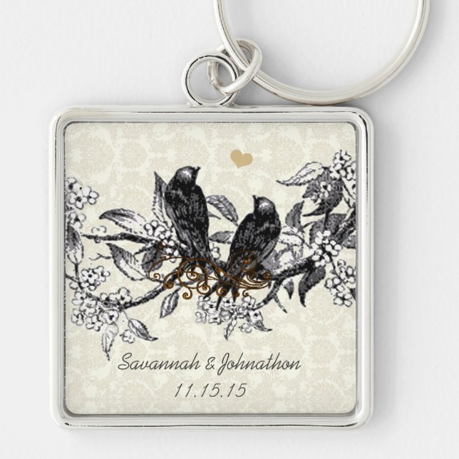 Vintage Gray Birds Hand Drawn Blooms Key Chain (Front)