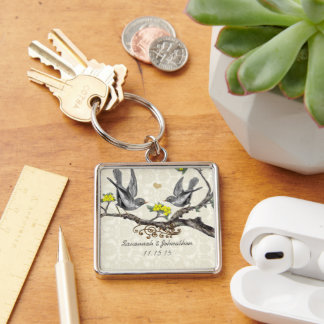Vintage Gray Birds Plum Flowers Wedding Key Chain