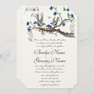 Vintage Gray Birds Royal Blue Cherry Blossom Invitation