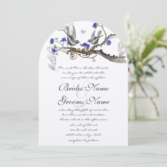Vintage Gray Birds Royal Blue Cherry Blossom Invitation (Standing Front)