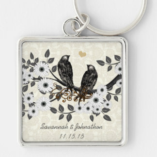 Vintage Gray Birds White Daisy Wedding Key Chain