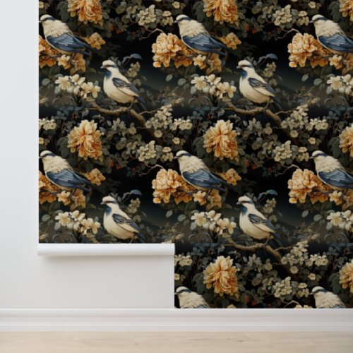 Vintage Gray Blue and Orange Floral Bird Wallpaper