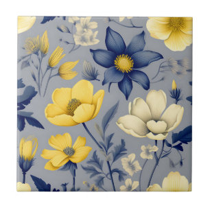 Vintage Gray Botanical with Yellow Floral Ceramic Tile