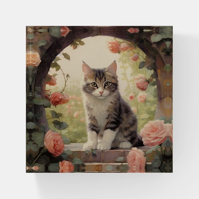 Vintage Gray Cat Kitten Pink Flowers Arch Paperweight (Front)