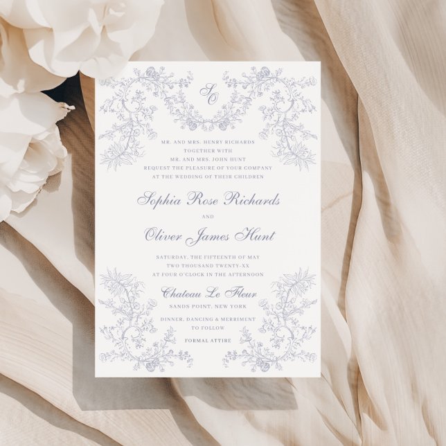 Vintage Gray Chinoiserie Monogram Wedding Invitation (Creator Uploaded)