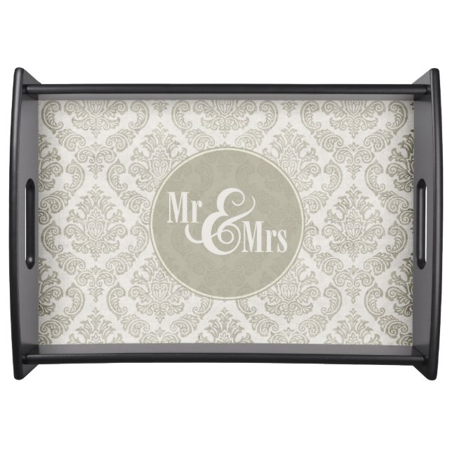 Vintage Gray Damask "Mr & Mrs" Serving Tray (Front)