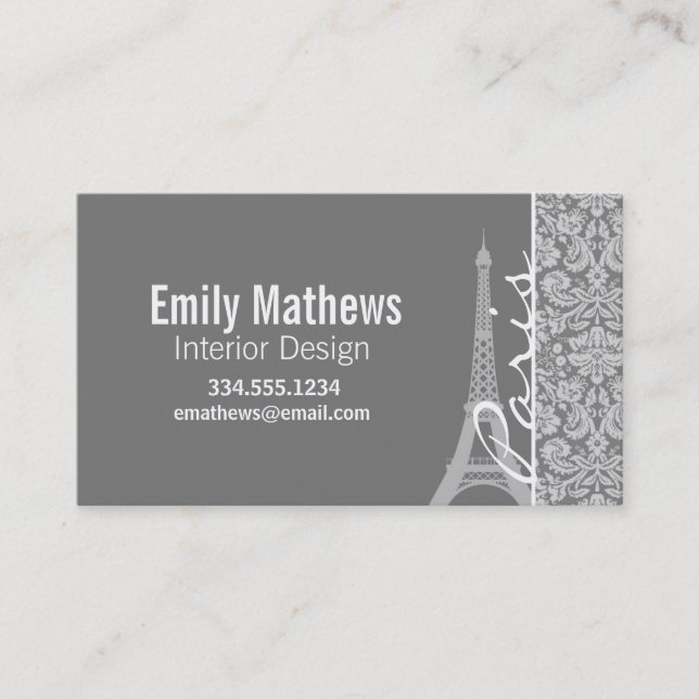 Vintage Gray Damask Paris Business Card (Front)