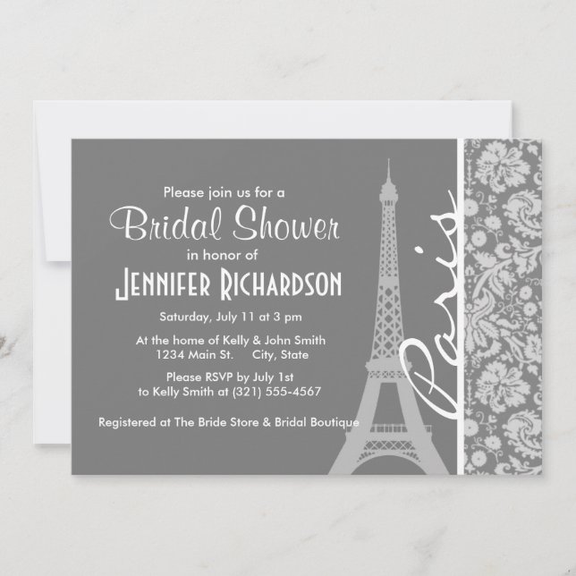 Vintage Gray Damask Paris Invitation (Front)