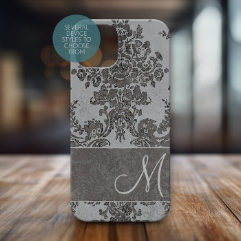 Vintage Gray Damask Pattern With Monogram Iphone 15 Case by icases at Zazzle